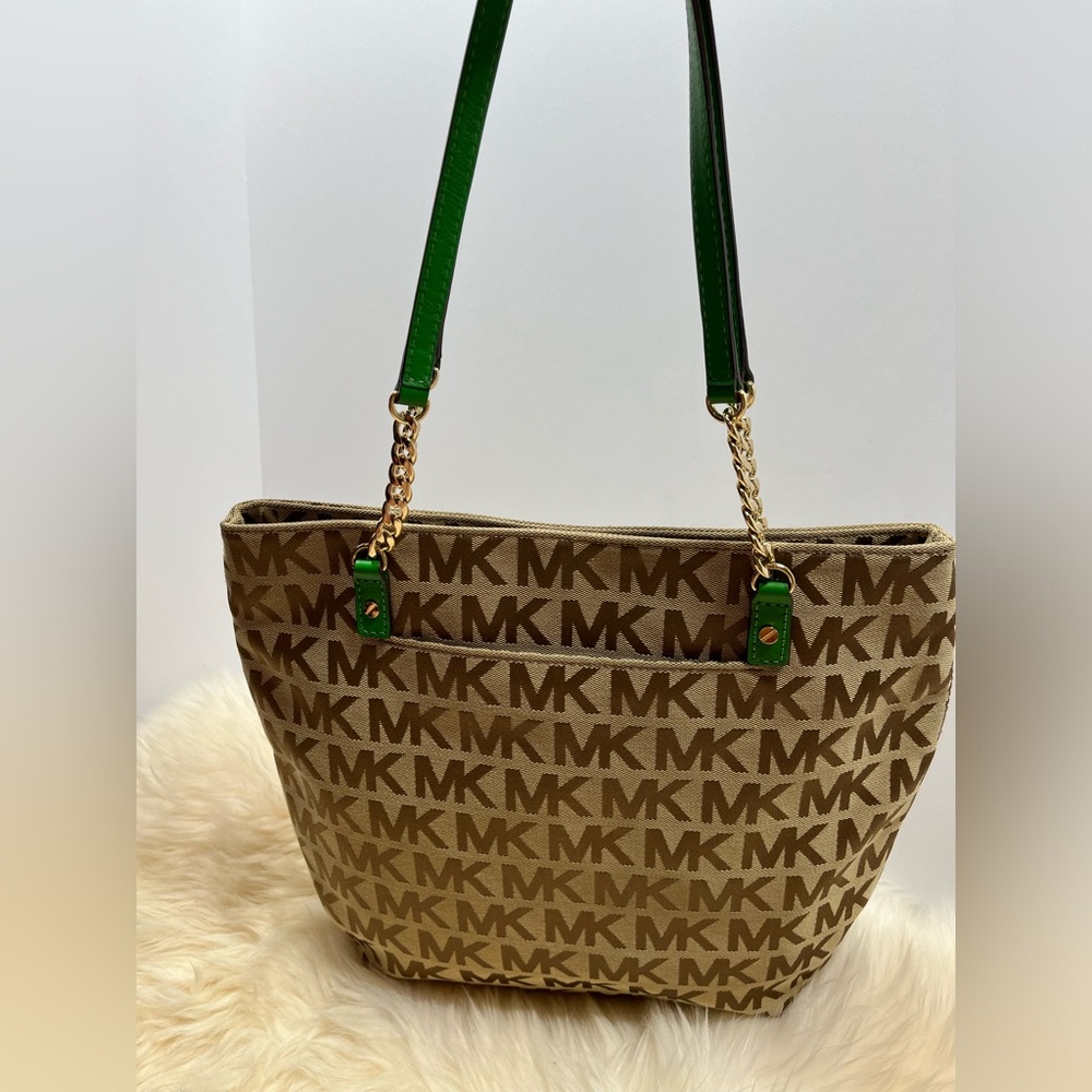 Michael Michael Kors Monogram Canvas Tote Emerald Green Chain and Leather Straps - Picture 4 of 13